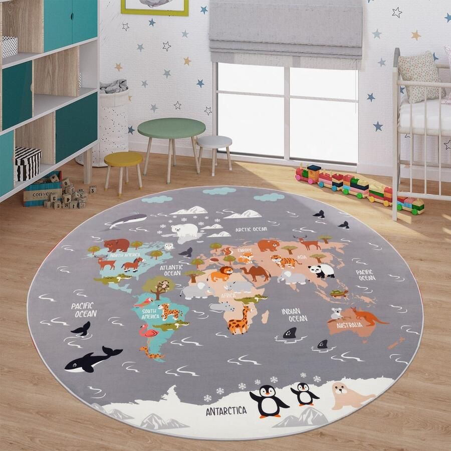 TT Home Kinderkamertapijt jongenskamertapijt meisjeskamertapijt antislip dieren aarde 120 x 160 cm Rechthoek 120 x 160 cm Rechthoek grijs - Foto 2