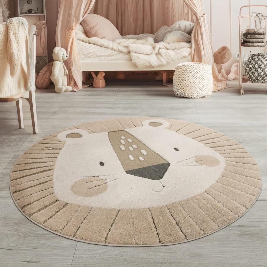 TT Home Rond kinderkleed 120 160 cm crèmekleurig speelkleed met leeuwenmotief