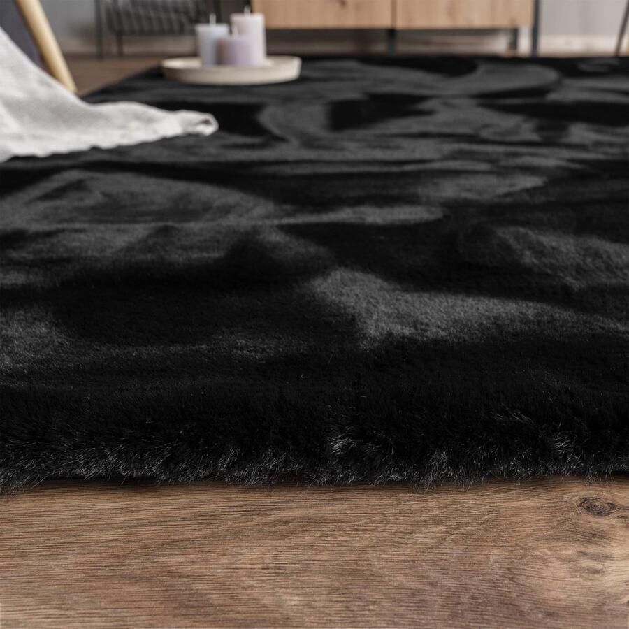 TT Home Woonkamer hoogpolig rond tapijt langpolig zacht konijnenbont imitatie zacht ROND 200 x 200 cm Rond 200 x 200 cm Rond zwart - Foto 3