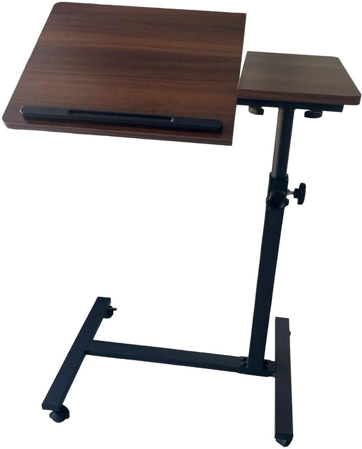 TTD Premium Bijzettafel op Wieltjes Laptoptafel Verstelbaar Bedtafel op Wielen Laptopstandaard Verstelbaar in Hoek en in Hoogte Donkerhout Links