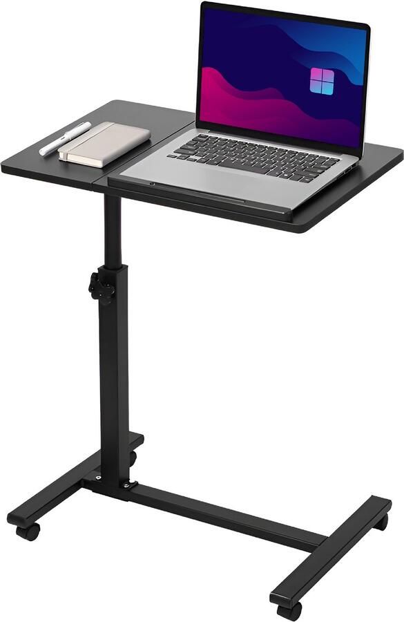 TTD Premium Bijzettafel op Wieltjes met Rem Laptoptafel Verstelbaar Ergonomische Bedtafel op Wielen 23 kg Draagkracht Laptopstandaard Verstelbaar in Hoek en in Hoogte Zwart Rechts