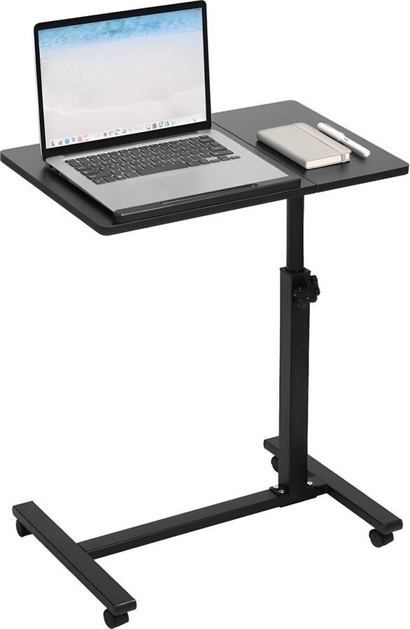 TTD Premium Bijzettafel op Wieltjes met Rem Laptoptafel Verstelbaar Ergonomische Bedtafel op Wielen 23 kg Draagkracht Laptopstandaard Verstelbaar in Hoek en in Hoogte Zwart Links