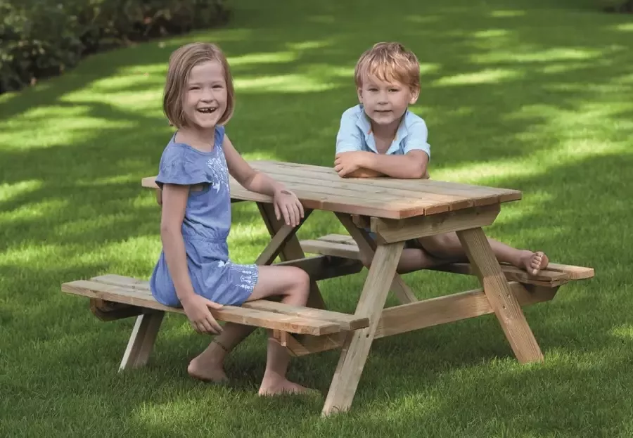 Tuindeco houten kinderpicnicktafel kindertafel voor BUITEN picknicktafel Geschaafd grenen hout 100cm lang 100cm breed & 56 cm hoog