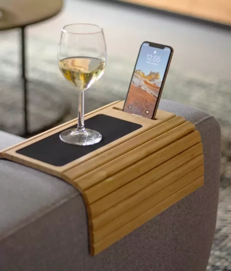 Tuko Armleuning Dienblad Naturel Duurzaam bamboe Flexibel Anti slip Telefoonhouder Beschermende coating Organizer Bank Zetel Sofa Banktafel