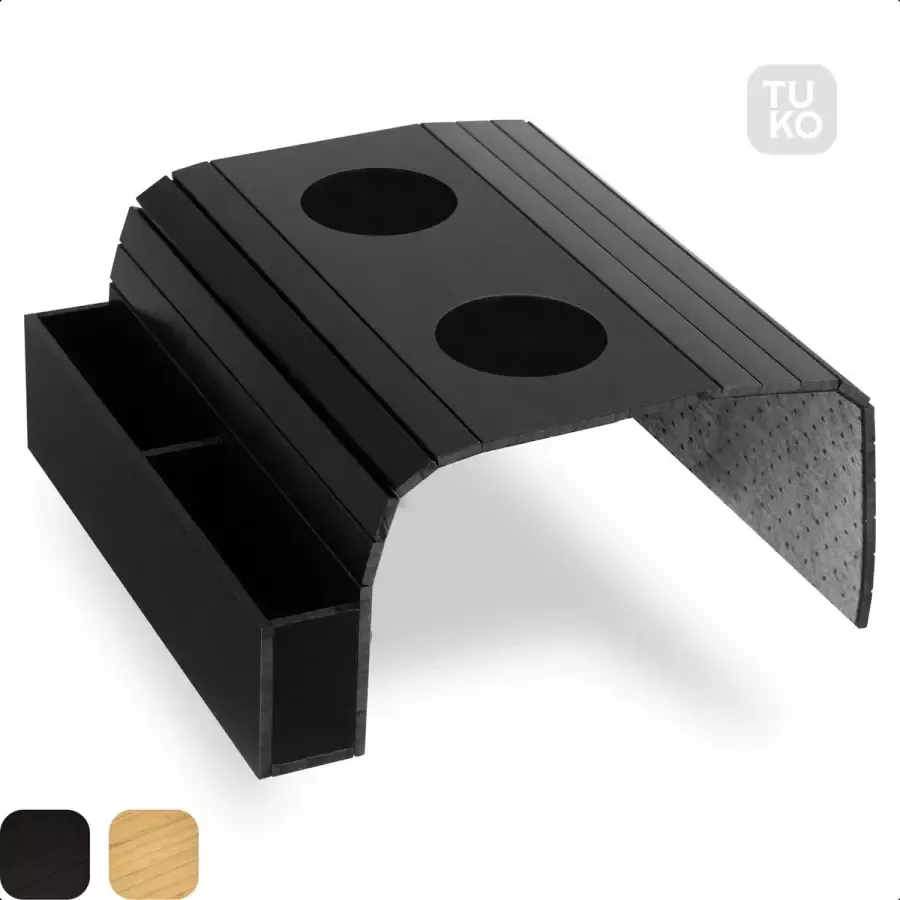 Tuko Armleuning Dienblad Zwart Duurzaam bamboe Opbergvak Flexibel Anti slip Beschermende coating Organizer Bank Zetel Sofa Banktafel