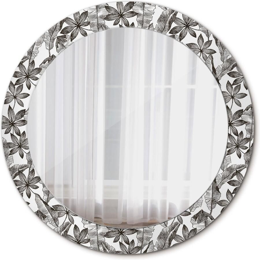 TULUP Spiegel op gehard Glas Ronde Spiegel Tropische bladeren Diameter: 70 cm Design Spiegel Slaapkamerspiegel Badkamerspiegel Make-upruimte Kaptafel Zwart-Witte Origineel cadeau Eigеntijds Spiegel Spiegelmontageset