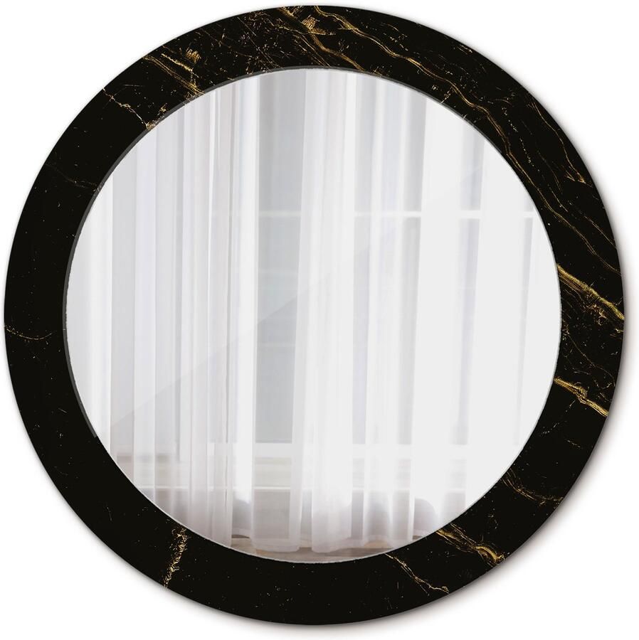 TULUP Spiegel op gehard Glas Ronde Spiegel Zwart marmerlook Diameter: 70 cm Stijlvolle spiegel met grafisch motief Slaapkamerspiegel Badkamerspiegel Make-upruimte Kaptafel Zwarte Luxe Spiegel Ophangsysteem