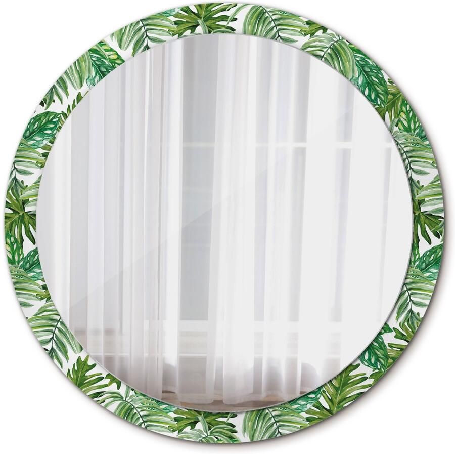 TULUP Spiegel Ronde Spiegel op gehard Glas Junglebladeren Diameter: 100 cm Spiegel met patroon Luxe Spiegel Groene Slaapkamerspiegel Badkamerspiegel Make-upruimte Kaptafel Make-up Spiegel Met Haken
