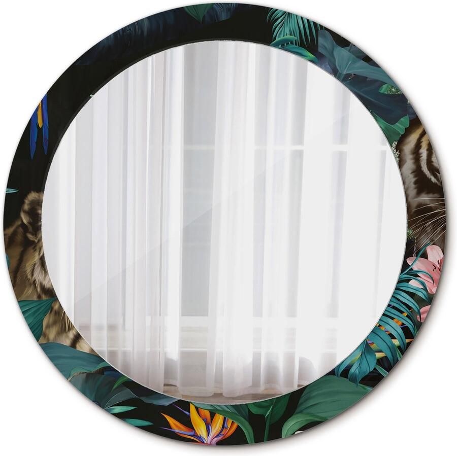 TULUP Spiegel Ronde vorm Spiegel op gehard Glas Vintage jungle Diameter: 80 cm Spiegel met patroon Slaapkamerspiegel Badkamerspiegel Make-upruimte Kaptafel Groene Origineel cadeau Stijlvolle Spiegel Top Kwaliteit