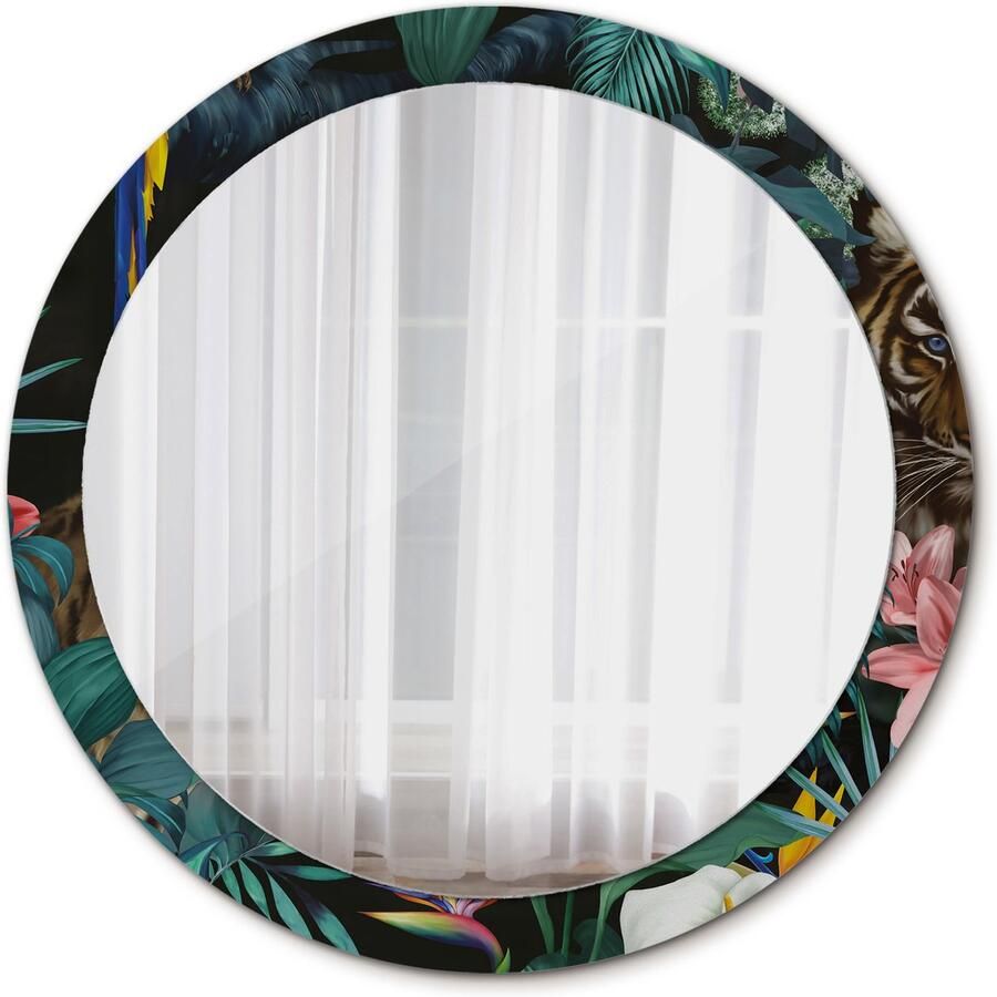 TULUP Spiegel Ronde vorm Spiegel op gehard Glas Vintage jungle Diameter: 90 cm Spiegel met patroon Slaapkamerspiegel Badkamerspiegel Make-upruimte Kaptafel Groene Stijlvol accent Eigеntijds Spiegel Spiegelmontageset
