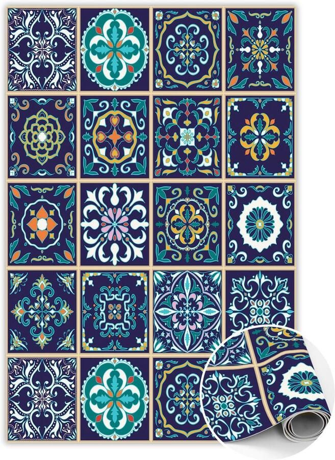 TULUP Vinyl Tapijt Portugese tegels Vloerkleed Op Vinyl 60 x 90 cm Blauw Vinylmat PVC Floor Mat PVC Vloer Mat Keukentapijt Haltapijt