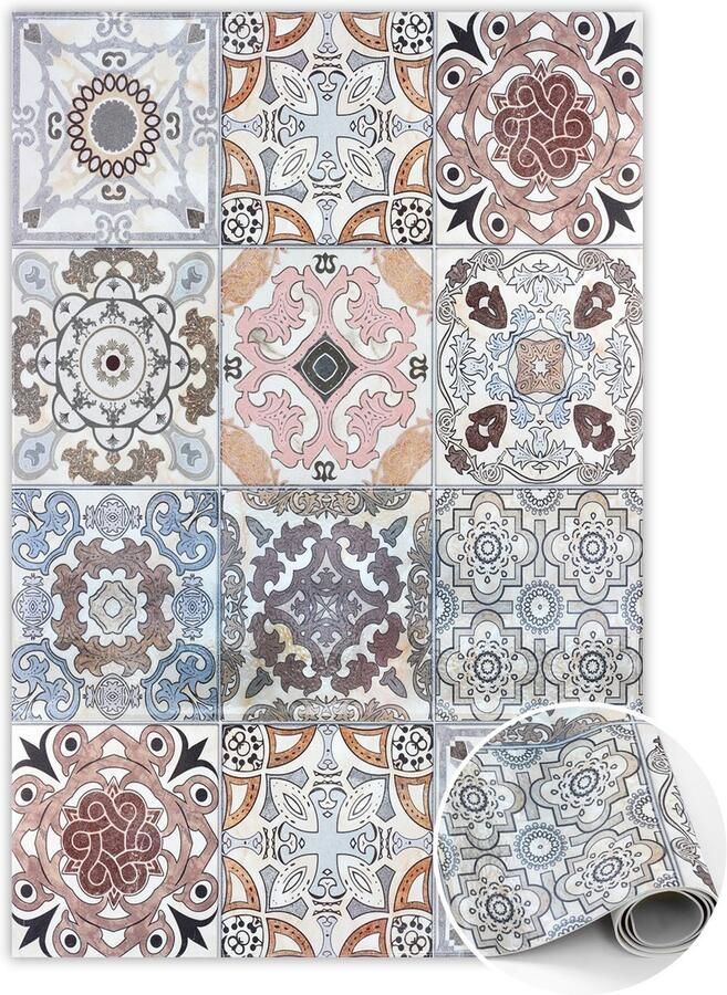 TULUP Vinyl Tapijt Portugese tegels Tapijt Vinyl 150 x 225 cm Veelkleurig Binnen Tapijt Vloerkleed Op Vinyl Vinylmat Slaapkamertapijt Keukentapijt