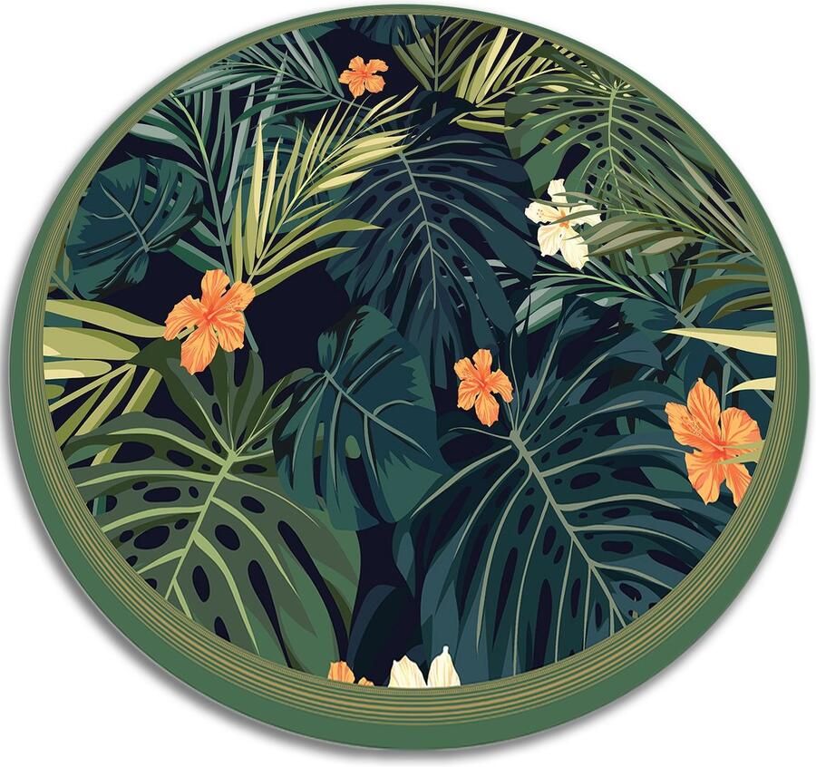 TULUP Vinyl Tapijt Tropische bladeren Vinyl Vloerkleed 130 cm Zwart Binnen Tapijt Ronde Vloerkleed Op Vinyl Woonkamertapijt Kantoortapijt