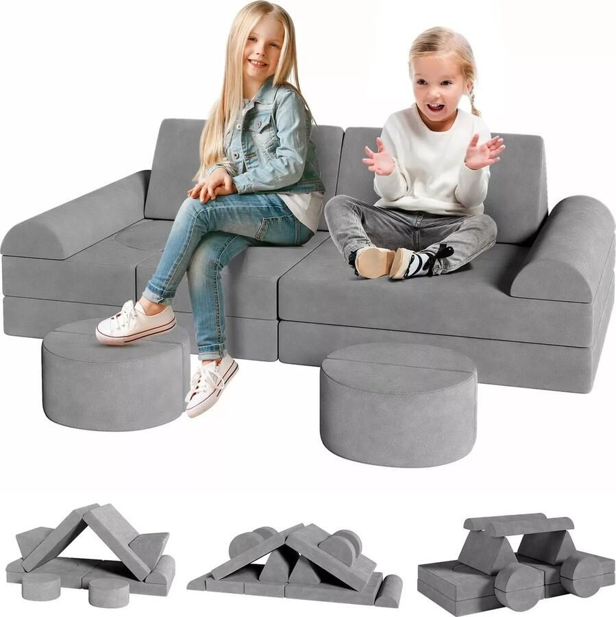 Tumex Kinderbank Speelbank Play couch 14-Delig Schuim Zacht Wasbaar Fluweel Stimuleren Creativiteit Met Wasbare Hoes Grijs