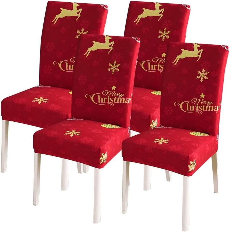 TuseRxln Stoelhoezen Kerst Modern & Uitneembaar 4 Stuks Eetkamerstoelen + Rood