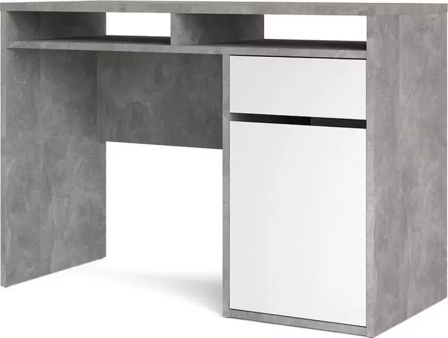 Hioshop Plus bureau met 1 deur 1 lade en 2 legplanken betondecor wit hoogglans. - Foto 1