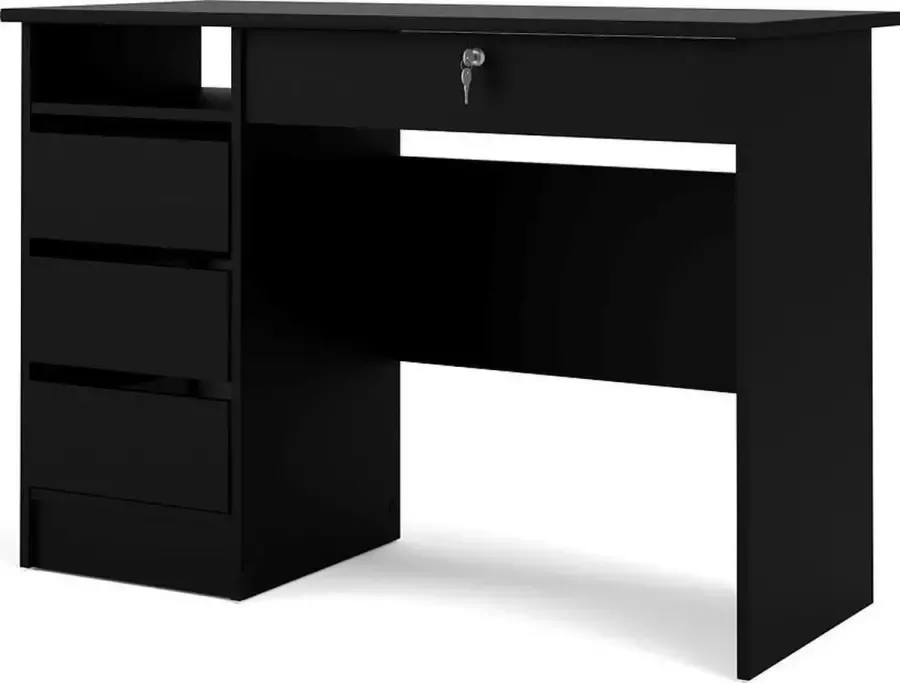 Hioshop Plus bureau met 1 legplank 3 kleine laden en 1 grote lade met sleutel mat zwart. - Foto 1
