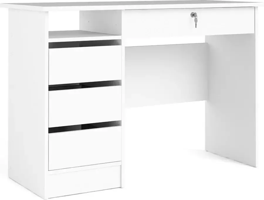 Hioshop Plus bureau met 1 legplank 3 kleine laden en 1 grote lade met sleutel wit.
