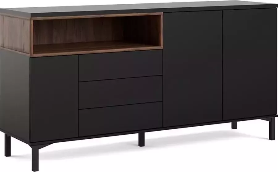 Hioshop Rosa Kast 1 legplank 1 deurtje 3 laden 2 houten deuren zwart walnoot decor.