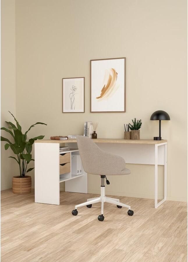 Hioshop FunctionPlus bureau hoek 3 planken 2 laden okkernoot decor wit.