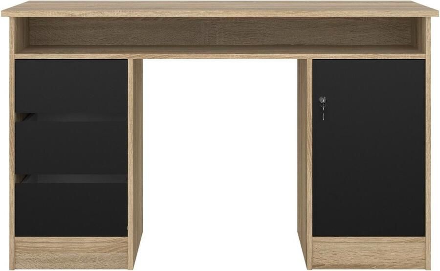 Hioshop FunctionPlus bureau met slot 1 deur 3 laden eik decor zwart.