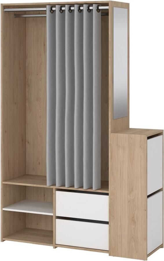 Hioshop Kit kledingkast open met gordijn 2 lades schoenenkast okkernoot decor wit gordijn lichtgrijs.