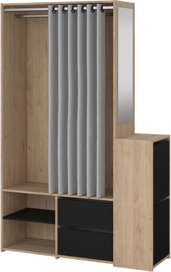 Hioshop Kit kledingkast open met gordijn 2 lades schoenenkast okkernoot decor zwart mat gordijn lichtgrijs.