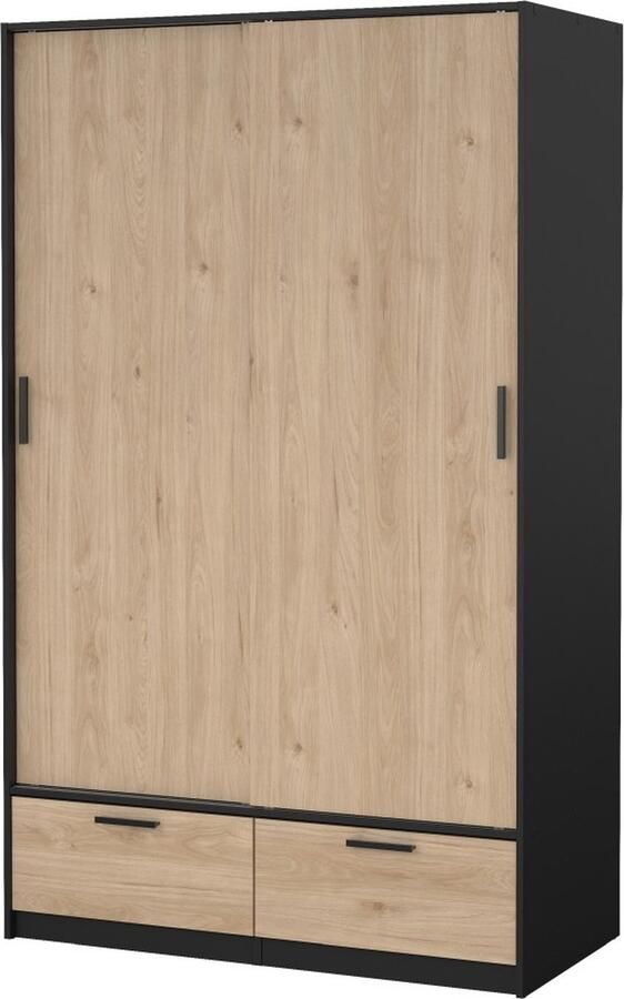 Hioshop Line kledingkast 2 deuren 2 laden okkernoot decor zwart mat.