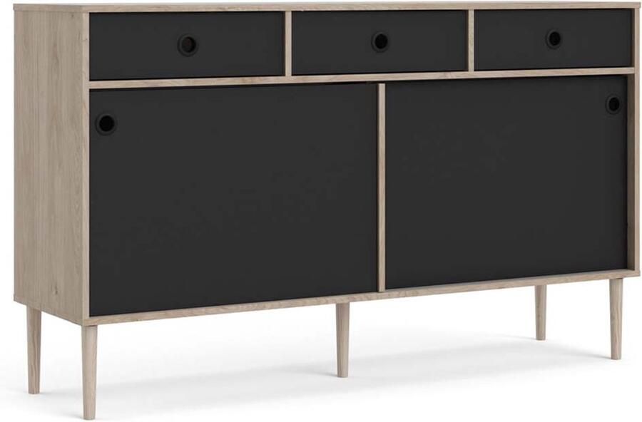 Hioshop Penny dressoir 2 schuifdeuren en 3 laden Hickory decor en mat zwart.