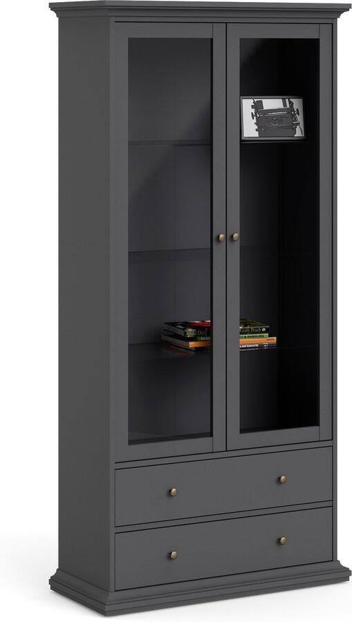 Hioshop Venedig vitrinekast 2 glazen deuren en 2 laden mat grijs. - Foto 3