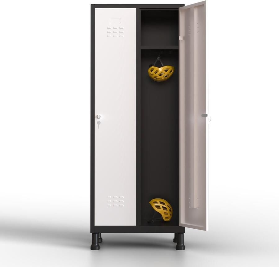 TwinThink Metalen lockerkast 2 deuren lockerkast met sleutel wit en zwart 180 x 65 x 40 cm draaideurkast voor kleedkamer of kantoor
