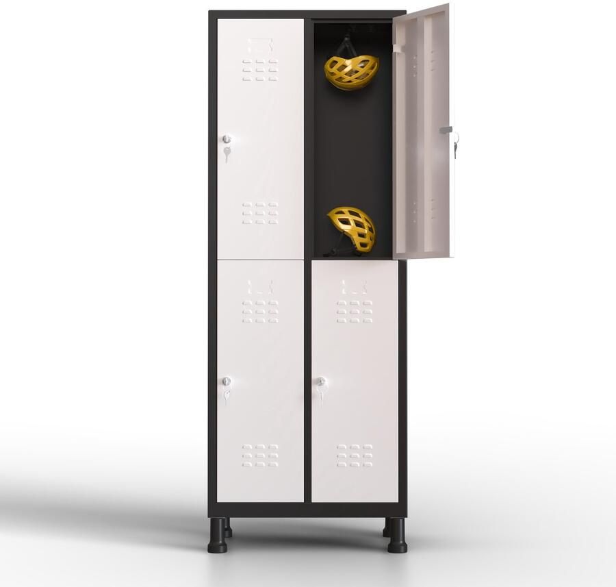 TwinThink Metalen lockerkast 4 deuren lockerkast met sleutel wit en zwart 180 x 65 x 40 cm draaideurkast voor kleedkamer of kantoor
