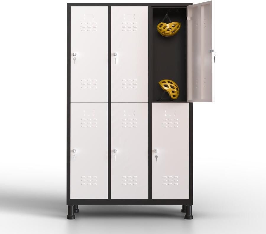 TwinThink Metalen lockerkast 6 deuren lockerkast met sleutel wit en zwart 180 x 97 x 40 cm draaideurkast voor kleedkamer of kantoor