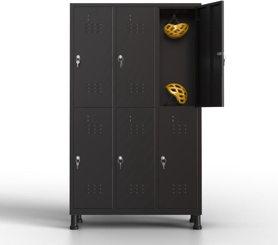 TwinThink Metalen lockerkast 6 deuren lockerkast met sleutel zwart 180 x 97 x 40 cm draaideurkast voor kleedkamer of kantoor