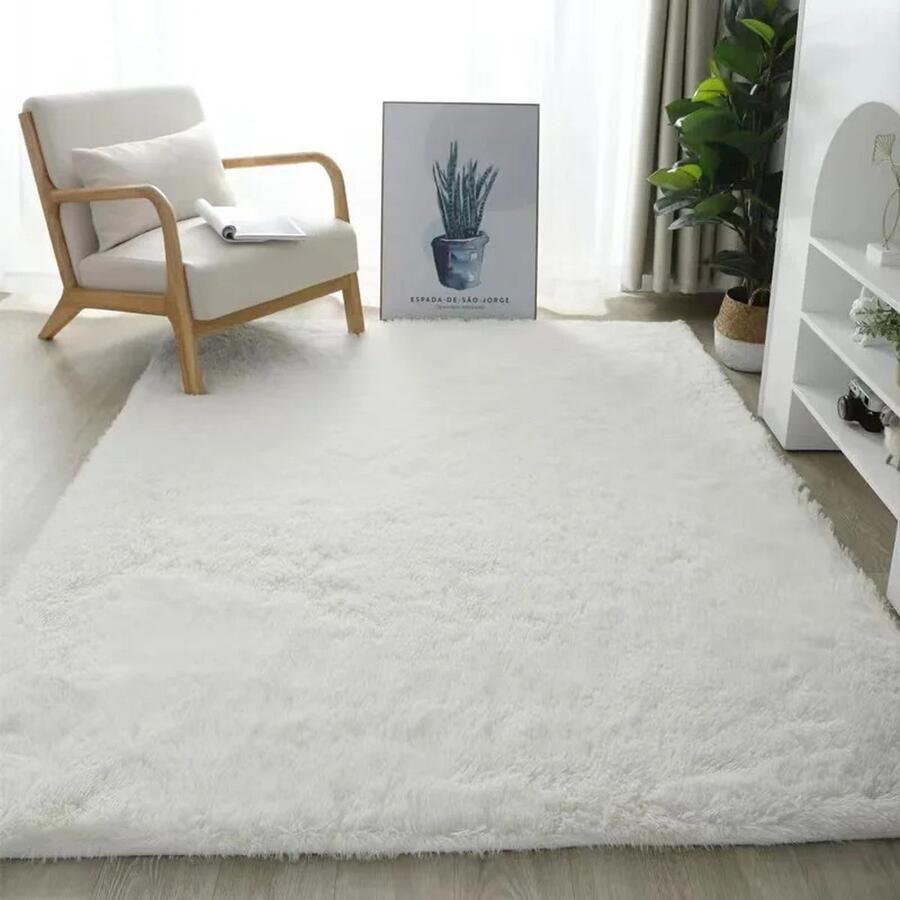 TX Store Zijde wollen tapijt Vloerkleed Zacht Pluizig Wit Woonkamer Slaapkamer Kinderkamer Baby kamer- Wasbaar Antislip 140x 200cm