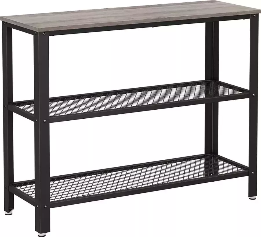 Console tafel gangtafel met 2 rasterplanken bijzettafel dressoir woonkamer gang 101 5 x 35 x 80 cm smal staal in industrieel ontwerp grijs-zwart LNT081B02