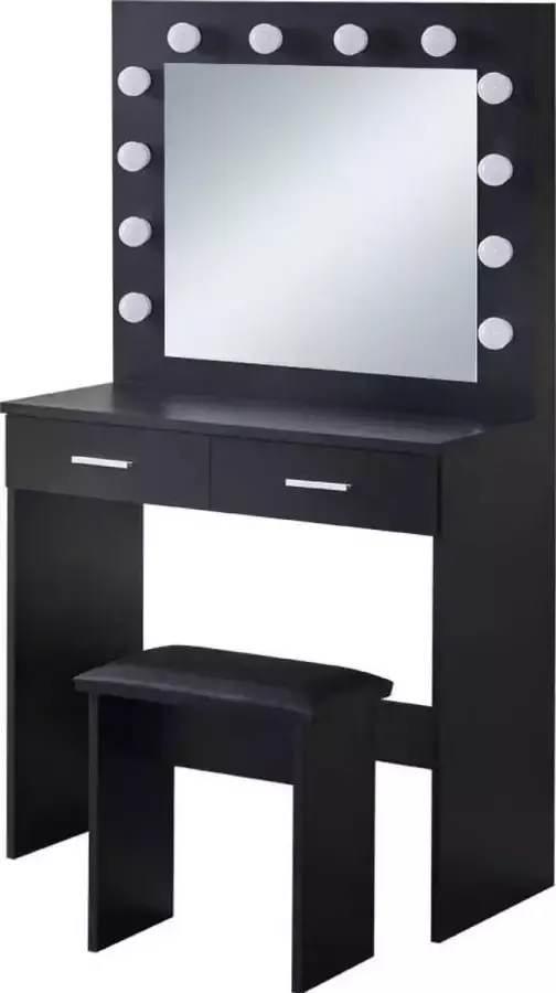 Kaptafel set met verstelbare LED-verlichting spiegel 2 grote laden en kruk ijdelheid make-up tafel slaapkamer kaptafel zwart