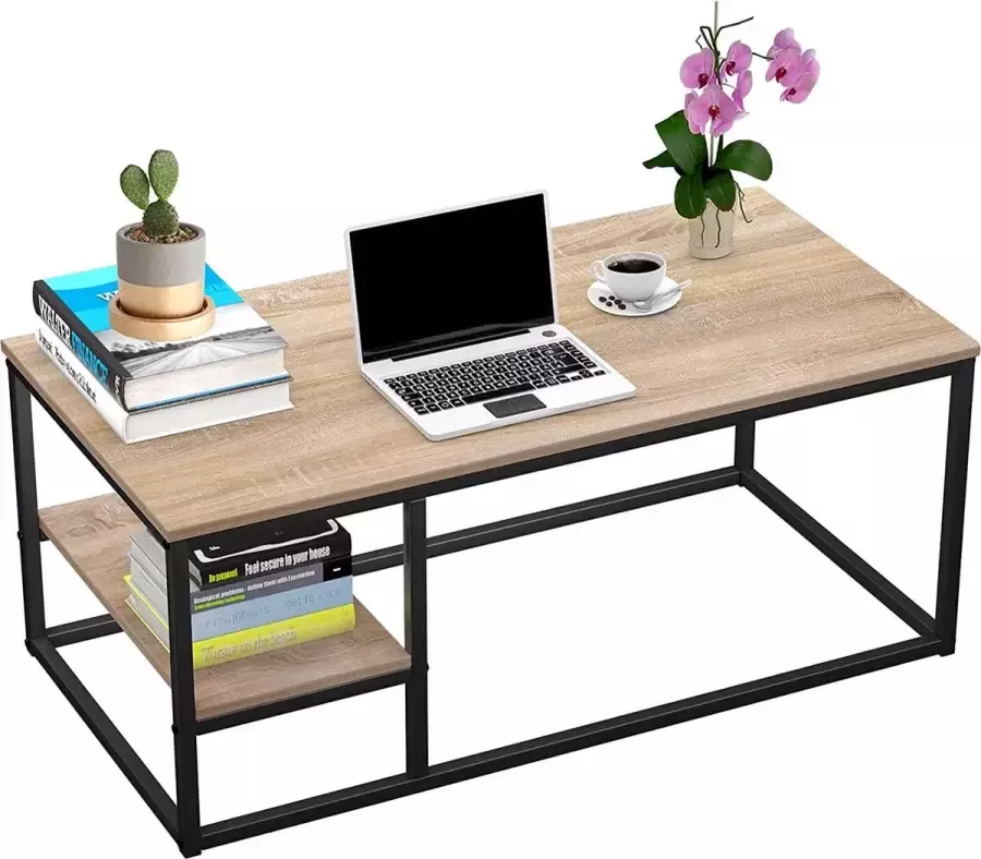 Salontafel met plank moderne salontafel woonkamertafel met opbergfunctie rechthoekige tafel 102 × 50 × 40 cm met metalen frame (hout)