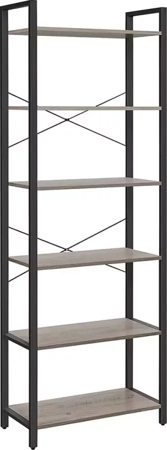 UA-Products Boekenkast met 6 niveaus opbergplank stalen frame voor woonkamer werkkamer kantoor en hal hoogte 186 cm industrieel design grijpzwart LLS062B02