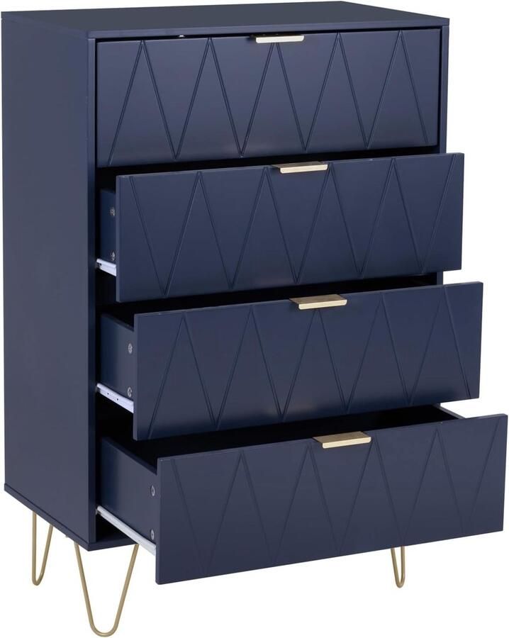 UEV 4-ladenkast houten opbergkast eenvoudige en elegante stijl gouden handgreep en poten 60 x 34 x 91 cm dressoir voor slaapkamer woonkamer kantoor marineblauw