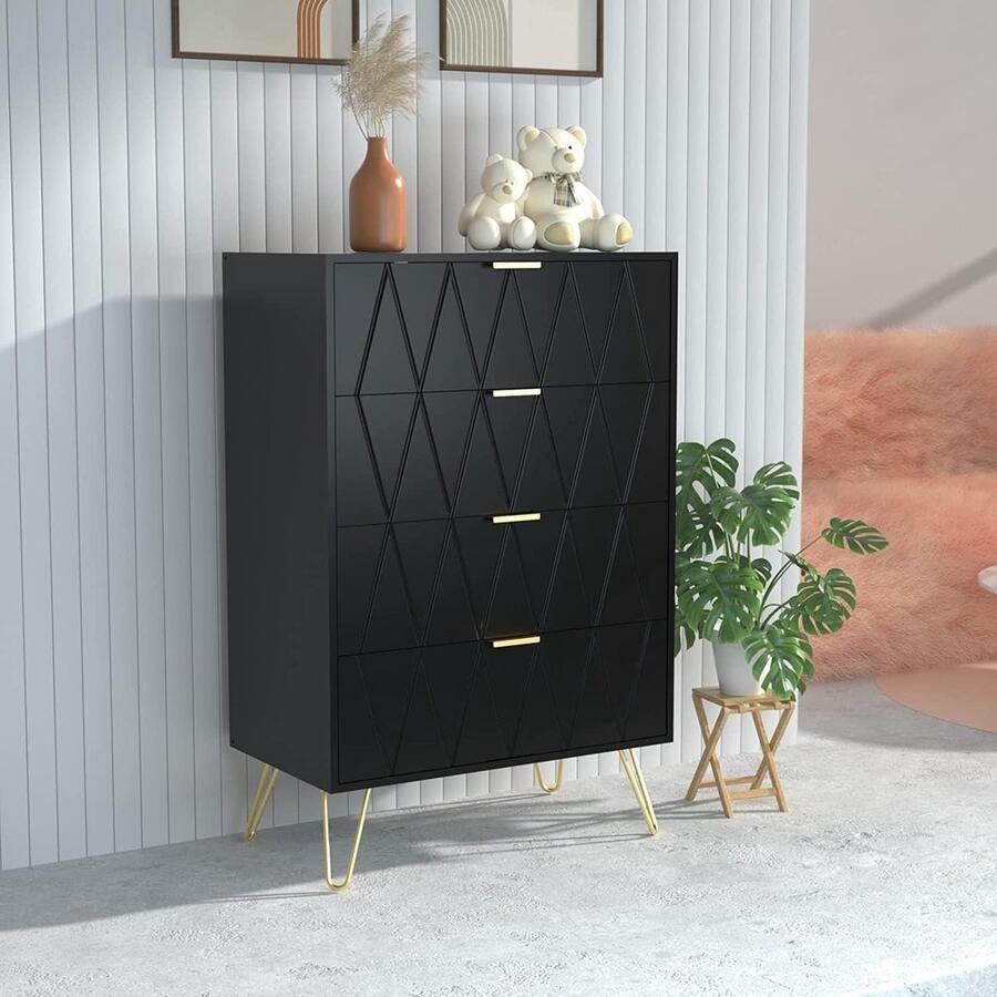 UEV 4-ladenkast houten opbergkast eenvoudige en elegante stijl gouden handgreep en poten 60 x 34 x 91 cm dressoir voor slaapkamer woonkamer kantoor Zwart