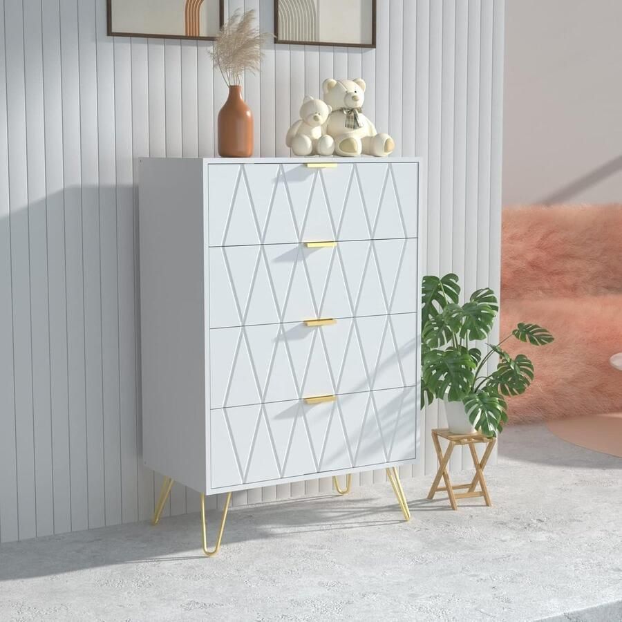 UEV 4-ladenkast houten opbergkast eenvoudige en elegante stijl gouden handgreep en poten 60 x 34 x 91 cm dressoir voor slaapkamer woonkamer kantoor Wit