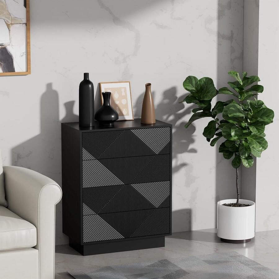 UEV ladekast met 4 laden speciaal gegraveerd oppervlak met zijdezachte touch grote opbergruimte lade met drukknop voor woonkamer en slaapkamer 60 x 33 5 x 77 5 cm zwart