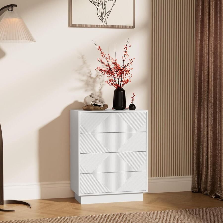 UEV ladekast met 4 laden speciaal gegraveerd oppervlak met zijdezachte touch grote opbergruimte lade met drukknop voor woonkamer en slaapkamer 60 x 33 5 x 77 5 cm wit