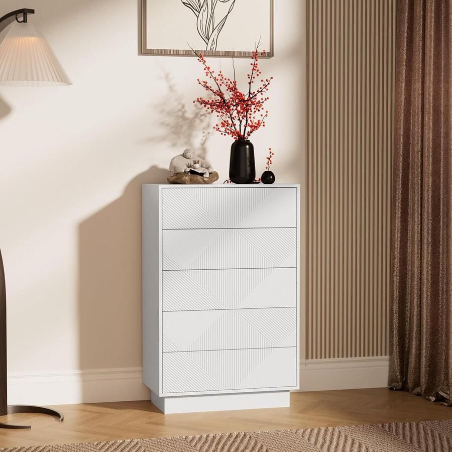 UEV ladekast met 5 laden speciaal gegraveerd oppervlak met zijdezachte touch grote opbergruimte lade met drukknop voor woonkamer en slaapkamer 60 x 33 5 x 94 cm wit