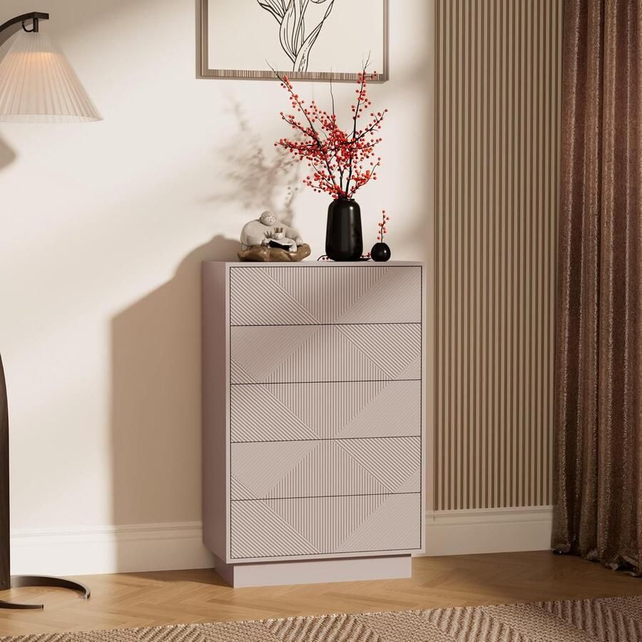 UEV ladekast met 5 laden speciaal gegraveerd oppervlak met zijdezachte touch grote opbergruimte lade met drukknop voor woonkamer en slaapkamer 60 x 33 5 x 94 cm Kasjmier