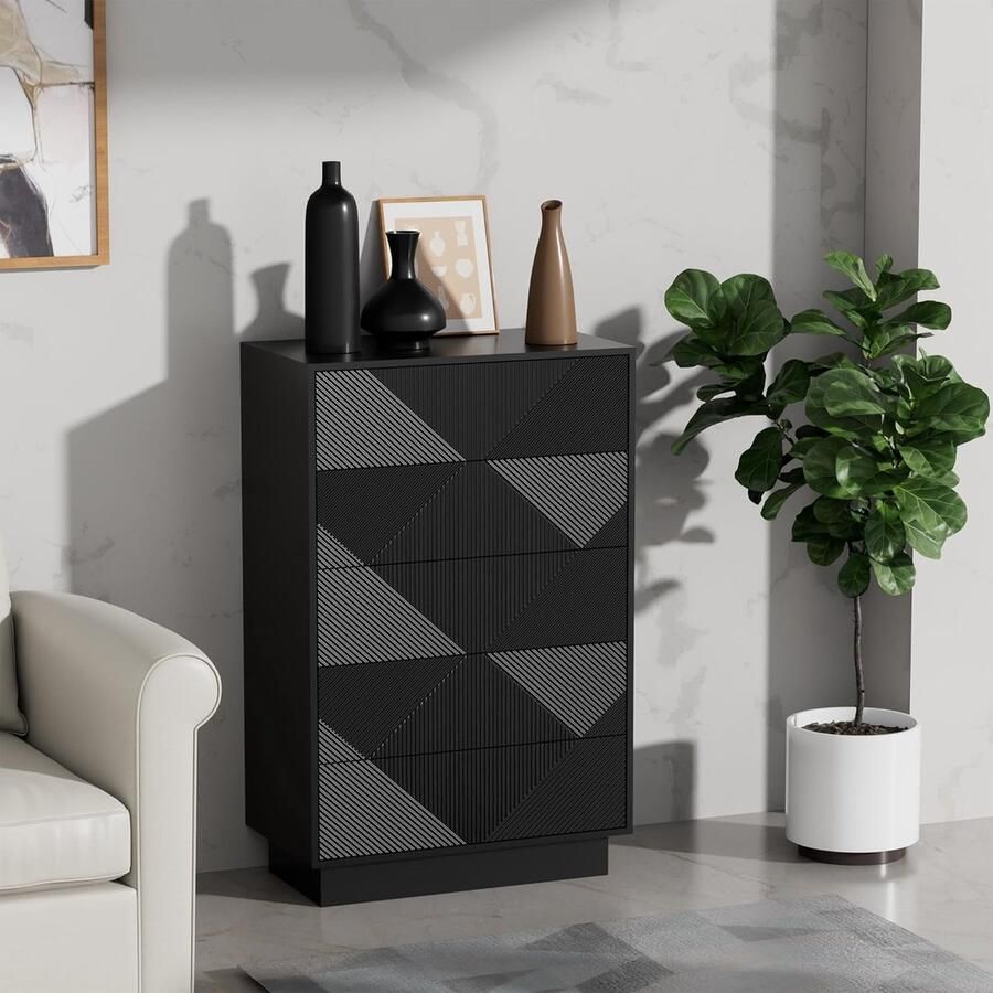 UEV ladekast met 5 laden speciaal gegraveerd oppervlak met zijdezachte touch grote opbergruimte lade met drukknop voor woonkamer en slaapkamer 60 x 33 5 x 94 cm zwart