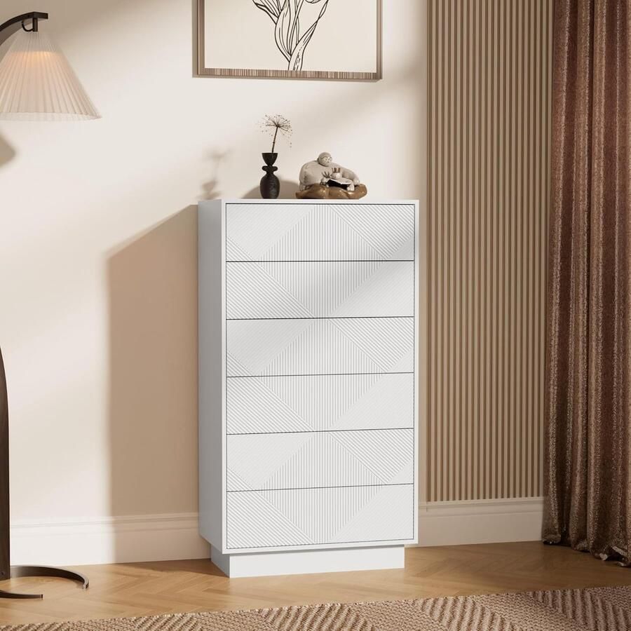 UEV ladekast met 6 laden speciaal gegraveerd oppervlak met zijdezachte touch grote opbergruimte lade met drukknop voor woonkamer en slaapkamer 60 x 33 5 x 111 cm Wit