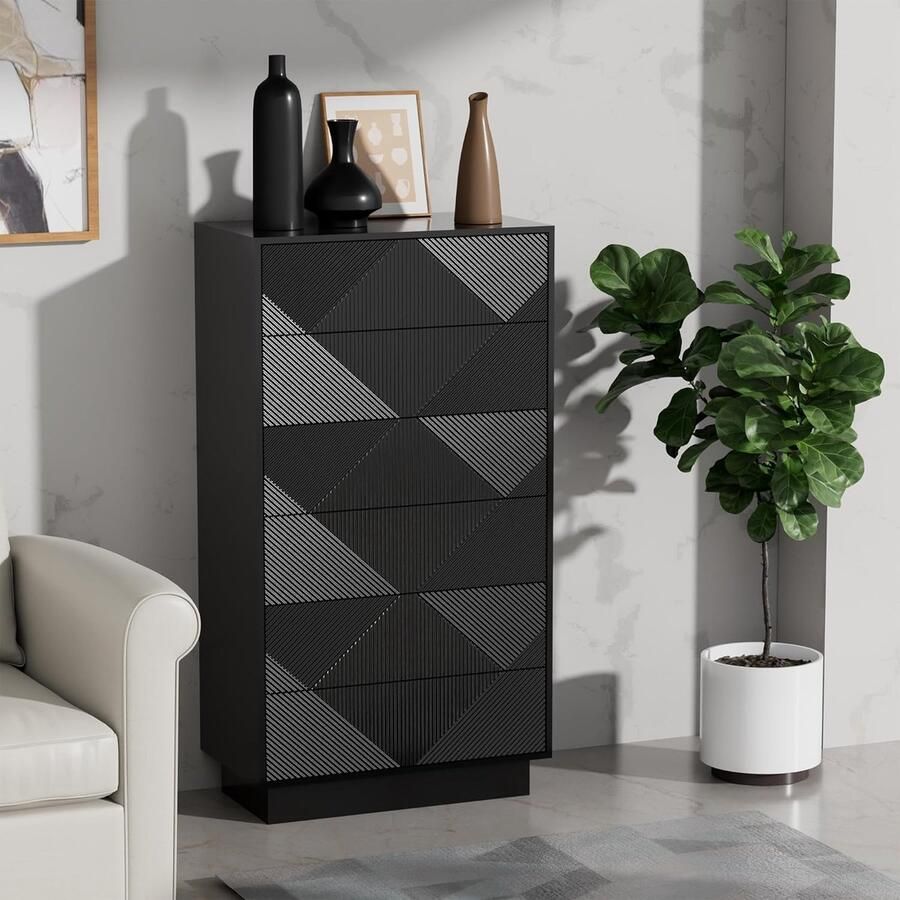 UEV ladekast met 6 laden speciaal gegraveerd oppervlak met zijdezachte touch grote opbergruimte lade met drukknop voor woonkamer en slaapkamer 60 x 33 5 x 111 cm Zwart