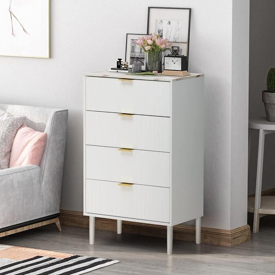 UEV Ladekast Opbergmeubel met 4 lades Marmerkleurig plafond Scandinavisch Ladekast voor volwassenen 60 x 34 x 94 cm Slaapkamermeubilair Woonkamer Kantoor Wit (Marmerplafond)